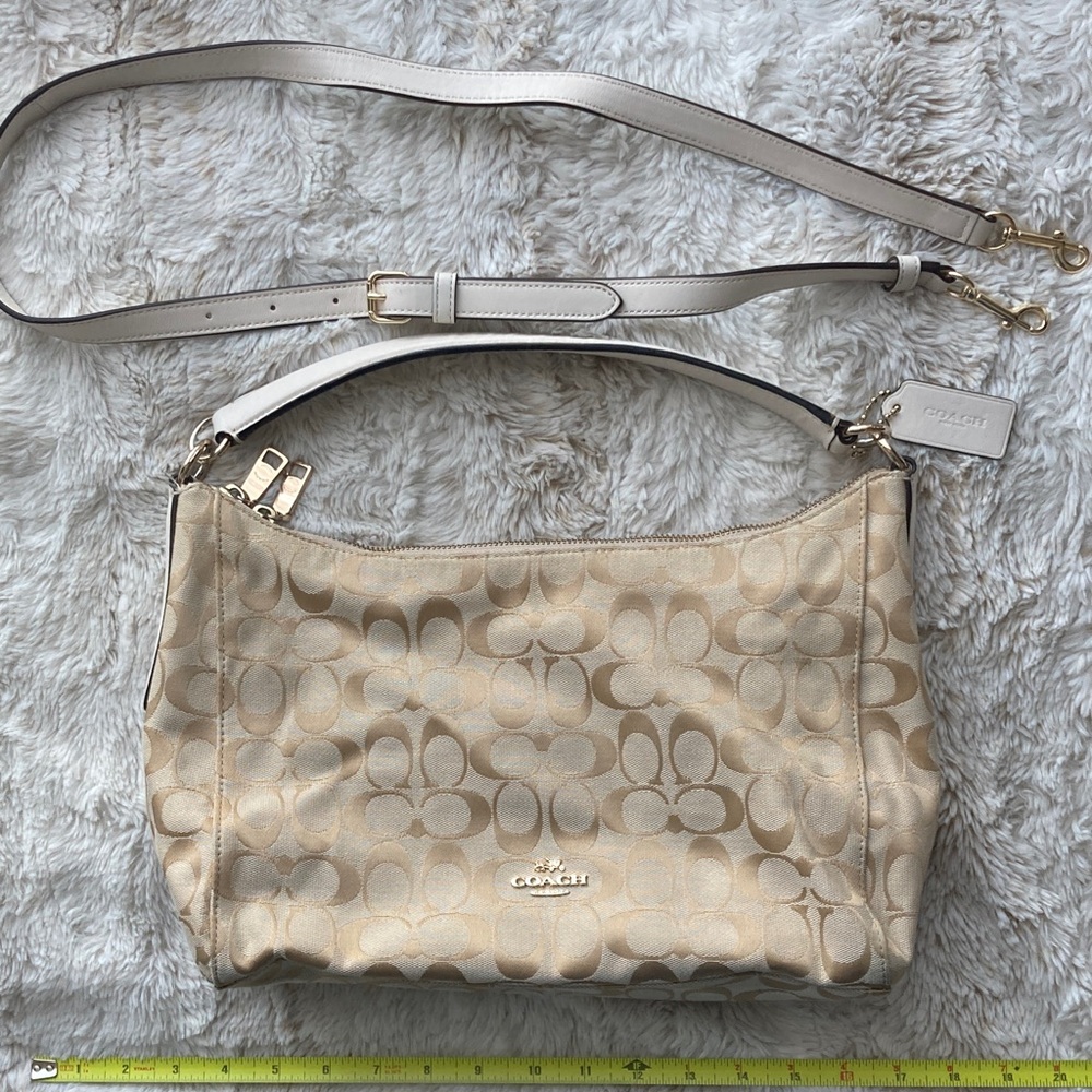COACH Celeste Hobo Purse Gold and Cream Signature Shoulder Bag Leather Accents